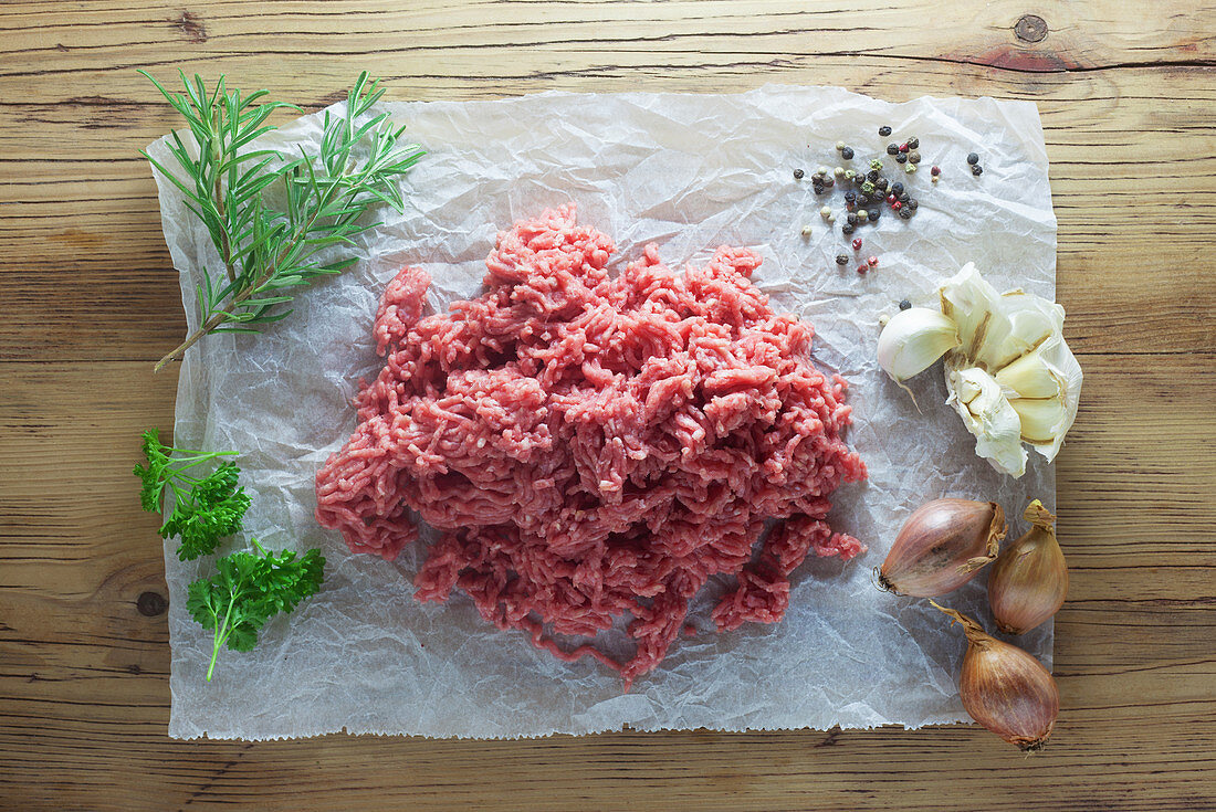 Raw minced meat with ingredients