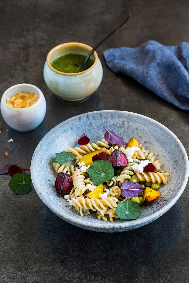 Pasta salad with beets and feta