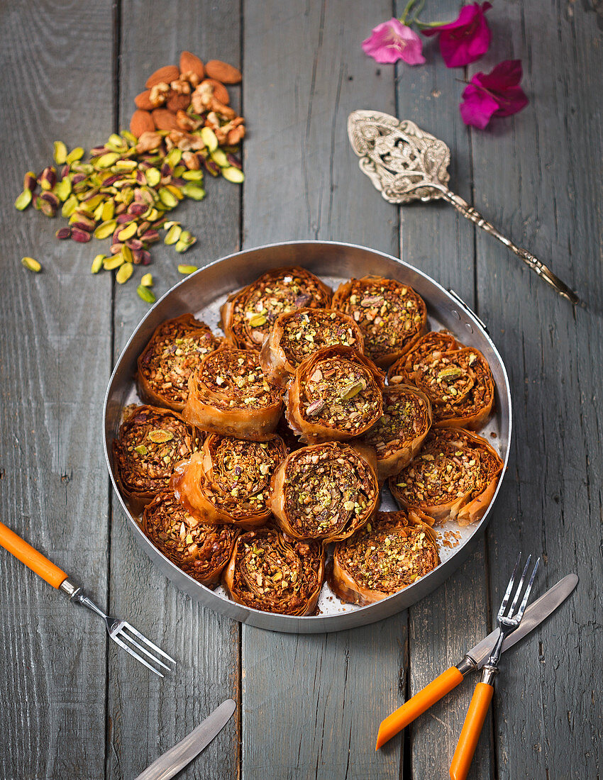 Baklava with almonds and pistachios (Greece)