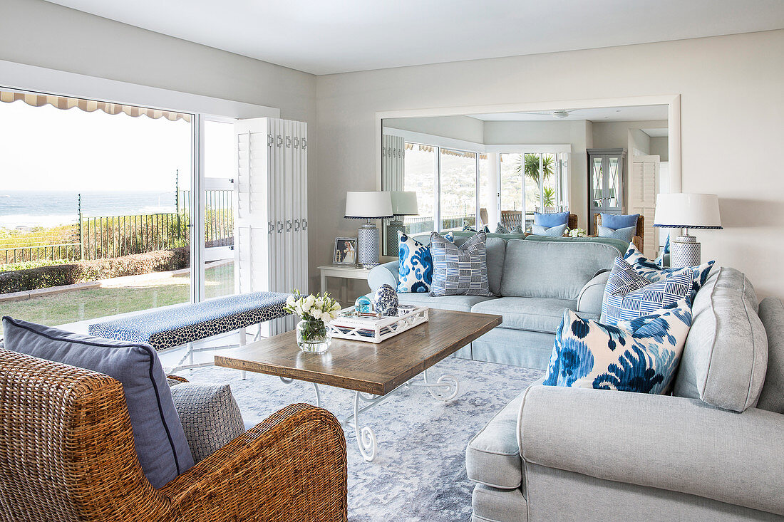 Elegant living room with panoramic view of sea