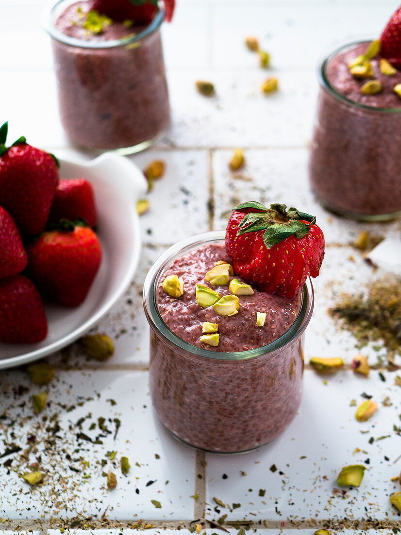 Strawberry Chia Pudding topped with pistachios
