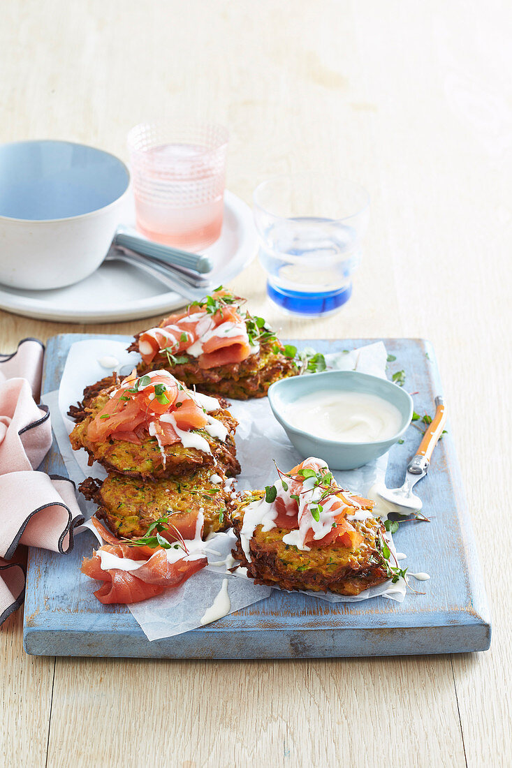 Vegetable Fritters with Smoked Salmon