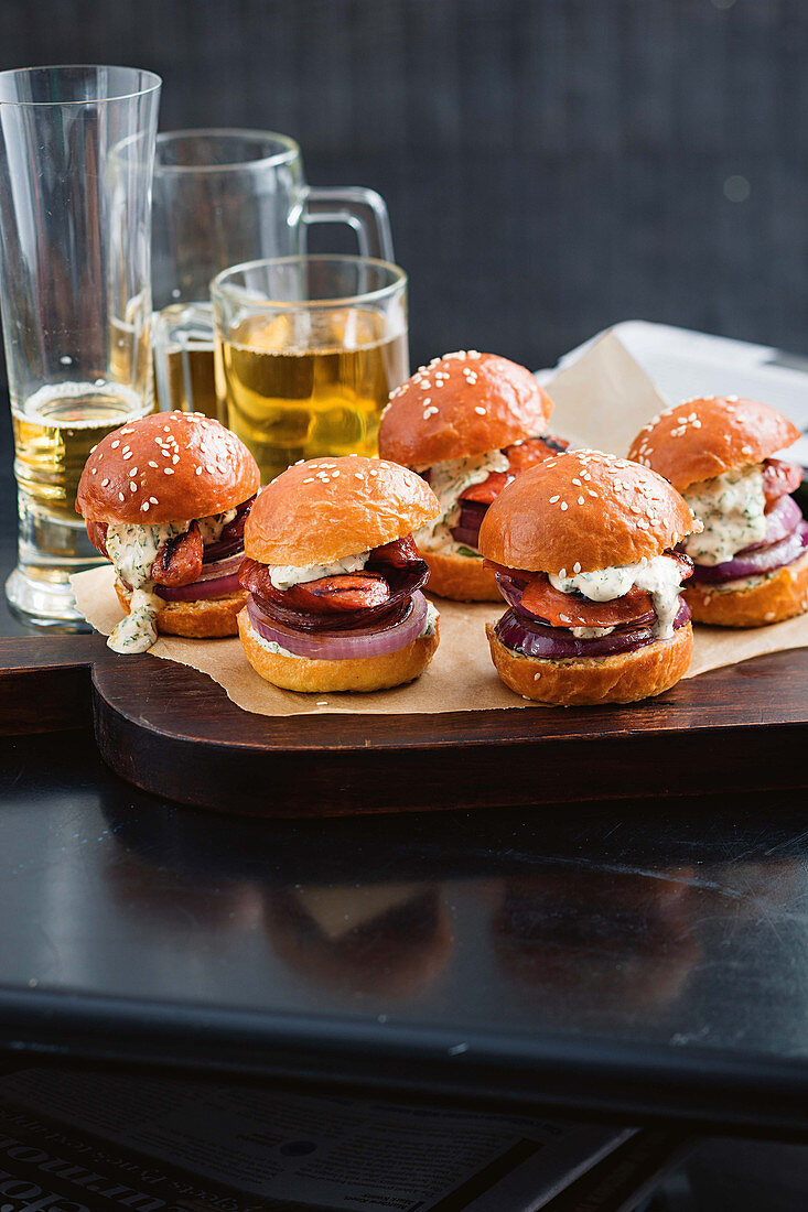 Chorizo and onion sliders with chimichurri aioli