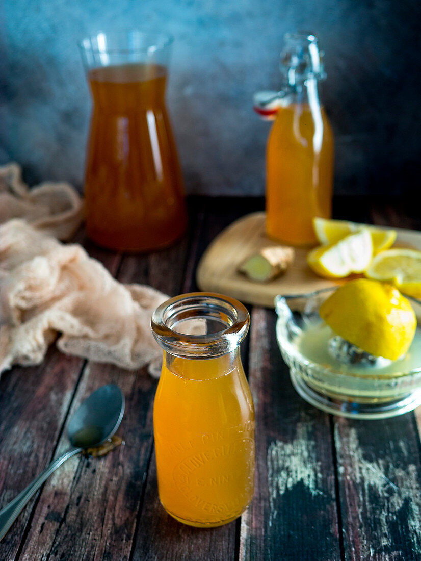 Weight loss drink with ginger, apple vinegar, syrup and lemon