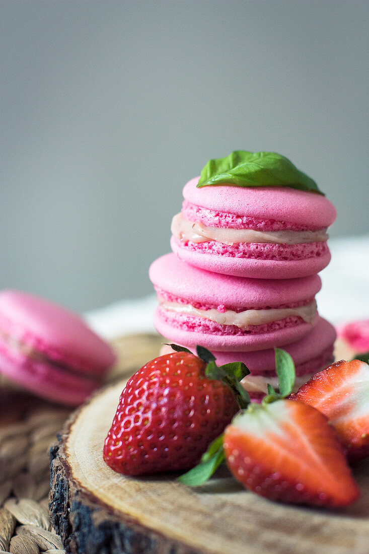 Strawberry and basil macaroons
