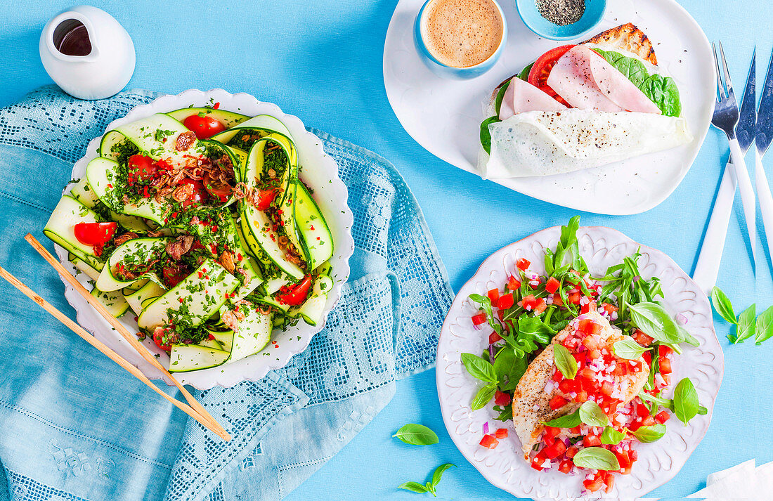 Zucchini Ribbon Salad, open sourdough sandwich and Bruschetta chicken