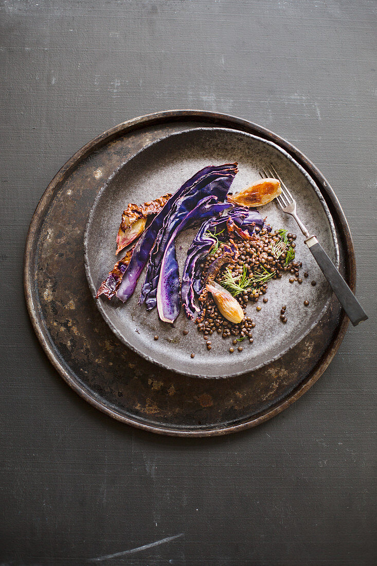 Fried red cabbage with shallots, Beluga lentils and dill