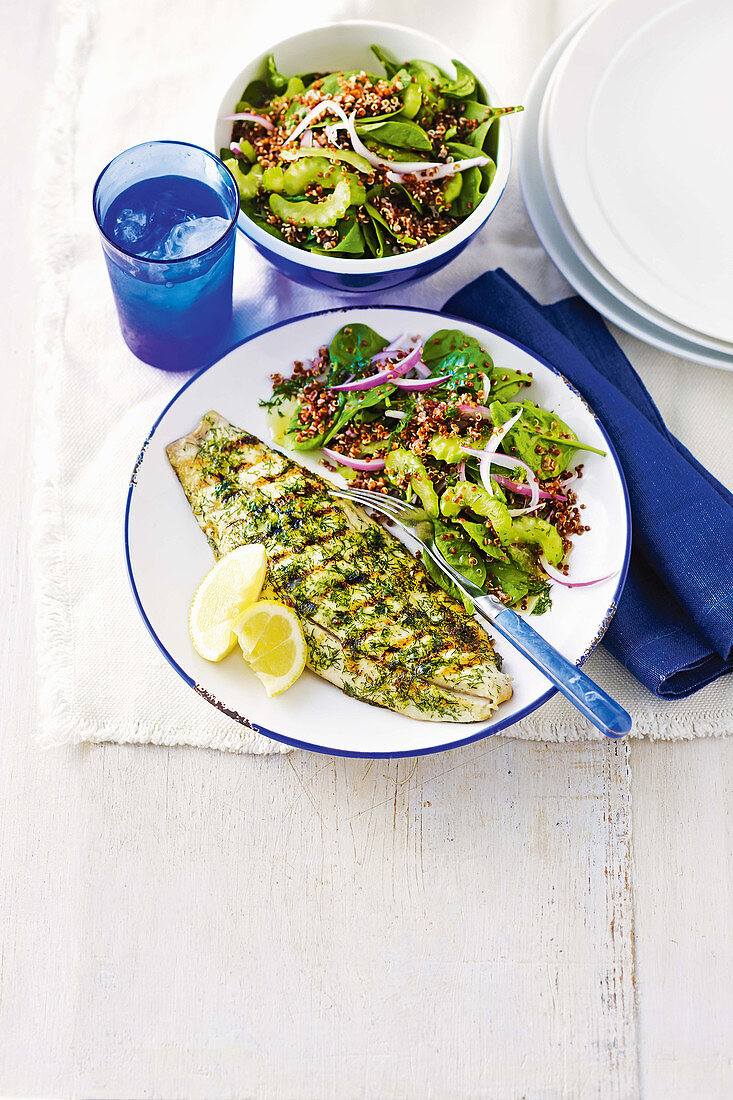 Grilled lemon and dill fish with red quinoa salad