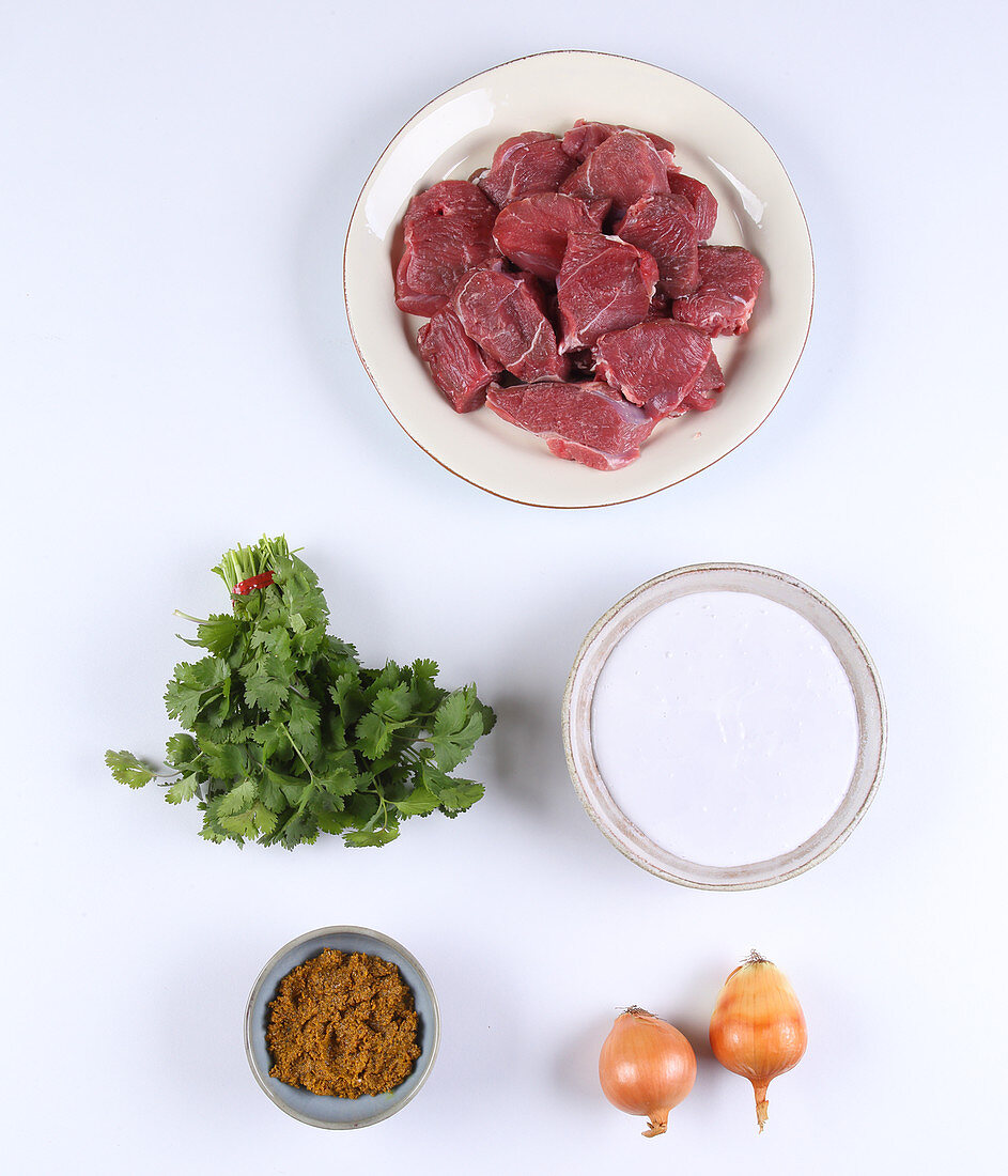 Ingredients for lamb curry with coriander