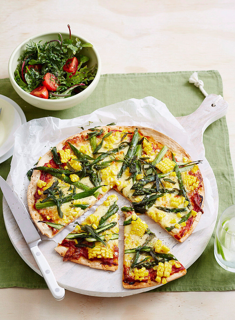 Fresh Corn, Chesse and Asparagus Pizza