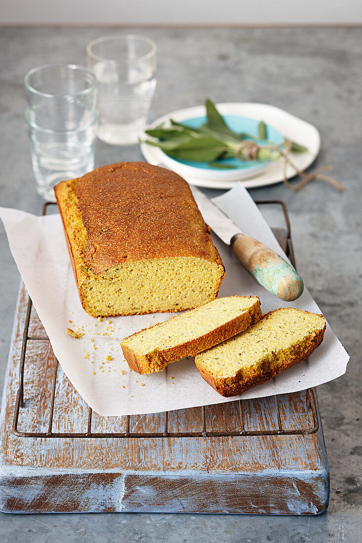 Savory cornbread with avocado and sage, sliced