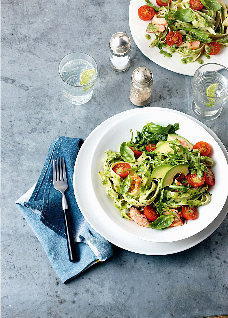 Avocado pesto fettuccine with hot-smoked salmon