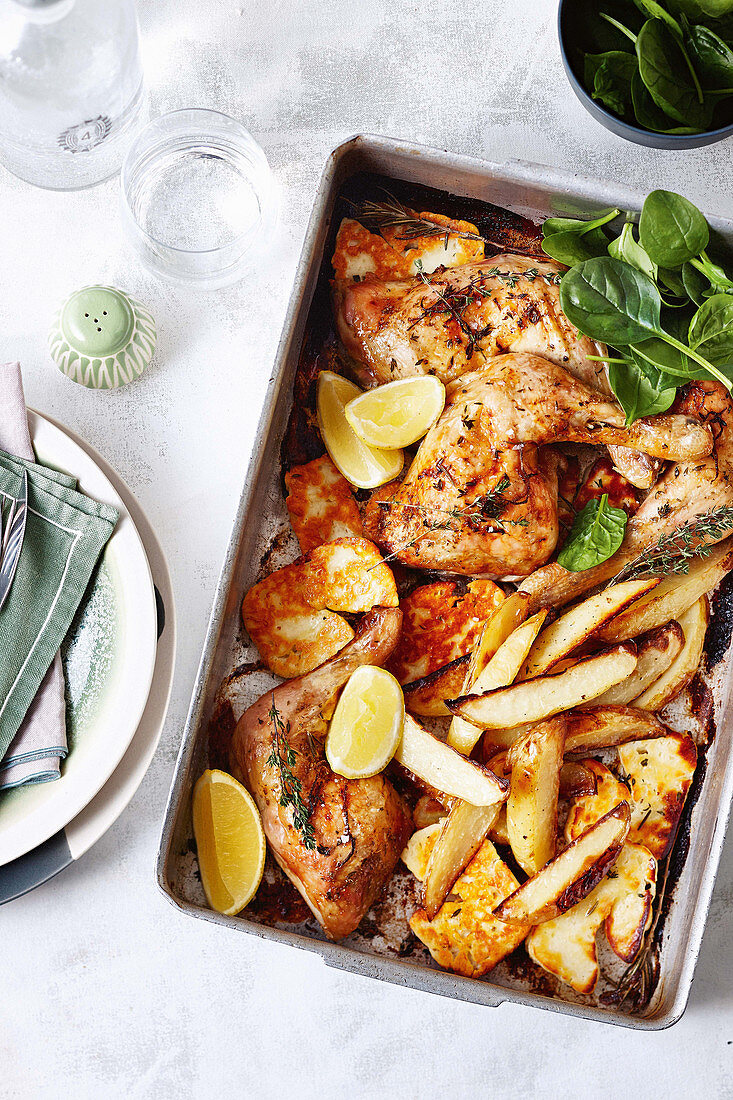 Chicken and haloumi bake with potato wegdes