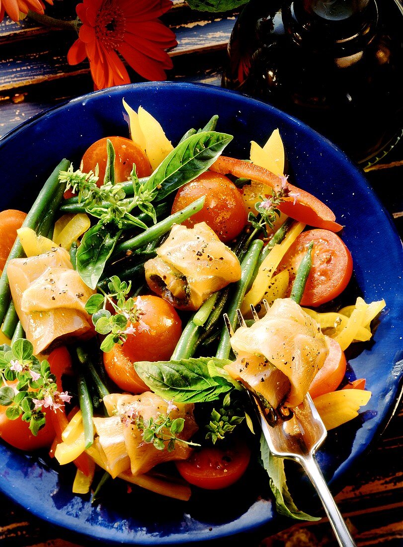 Colorful Salad with Rolled Salmon