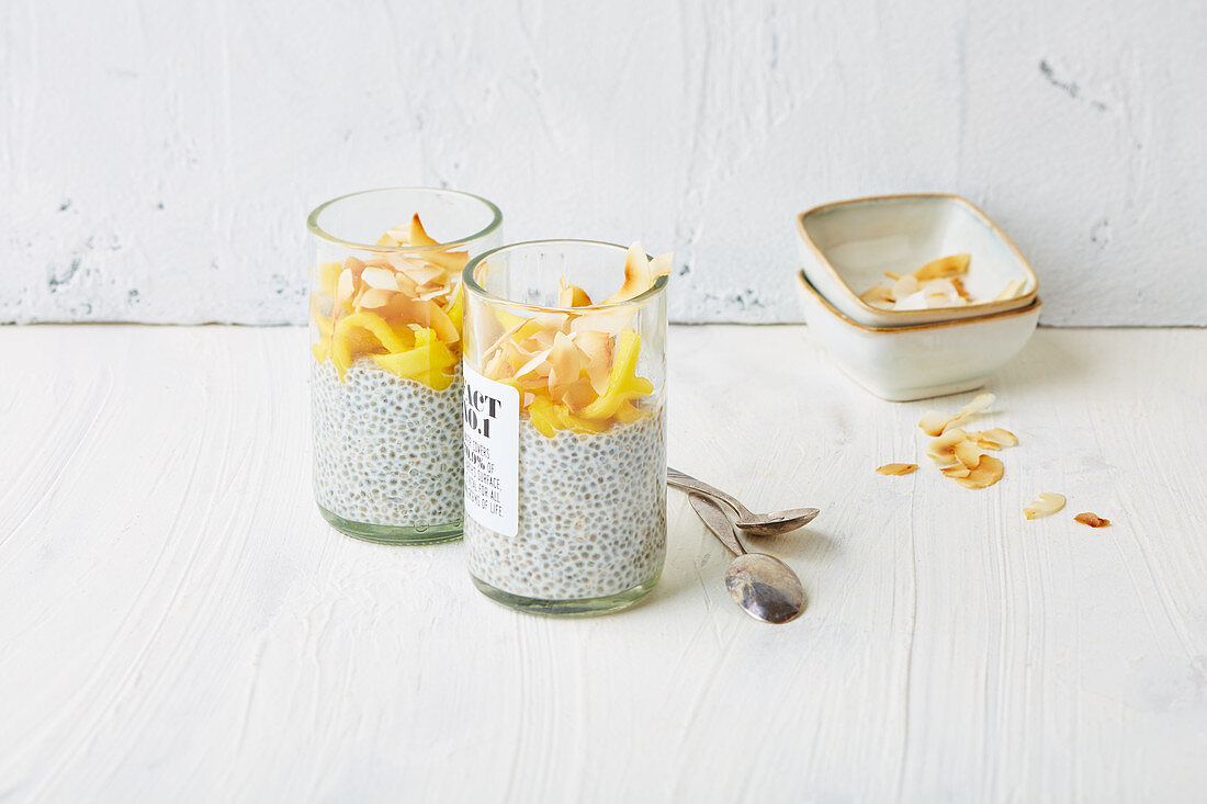 Chia pudding with mango noodles and coconut (low carb)