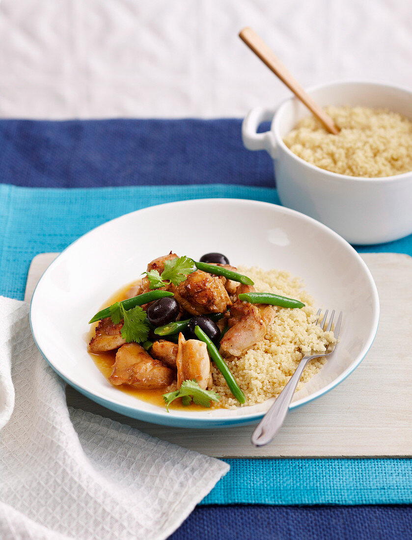 Apricot Chicken withbeans, olives and couscous