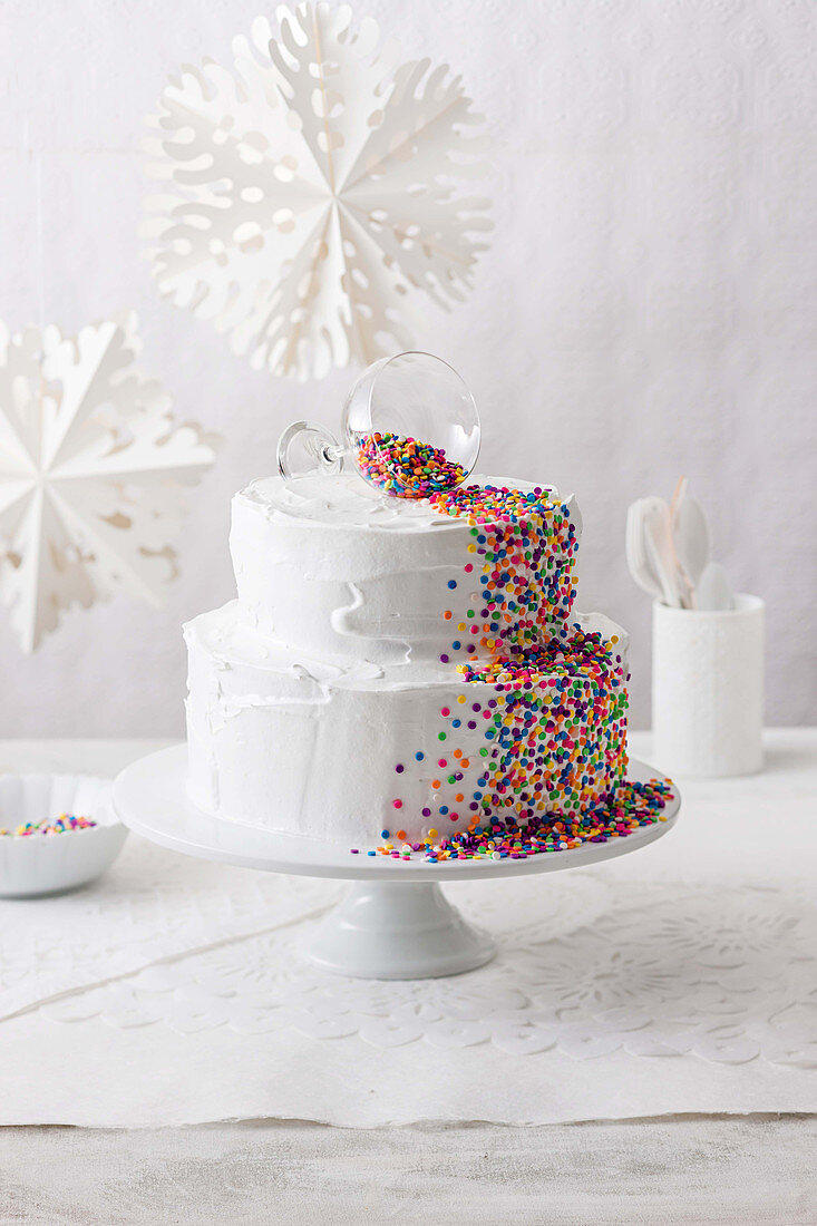 Layered Funfetti cake with marshmallow frosting