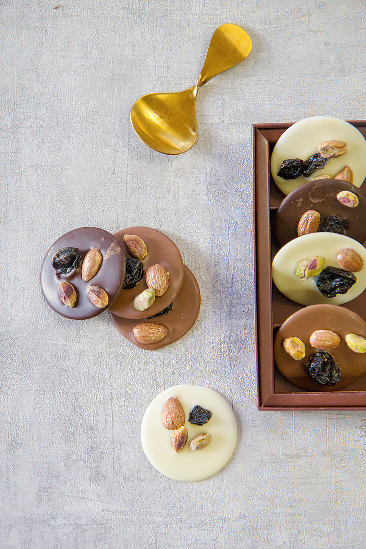 Mendiants with dried fruits, almonds and pistachios