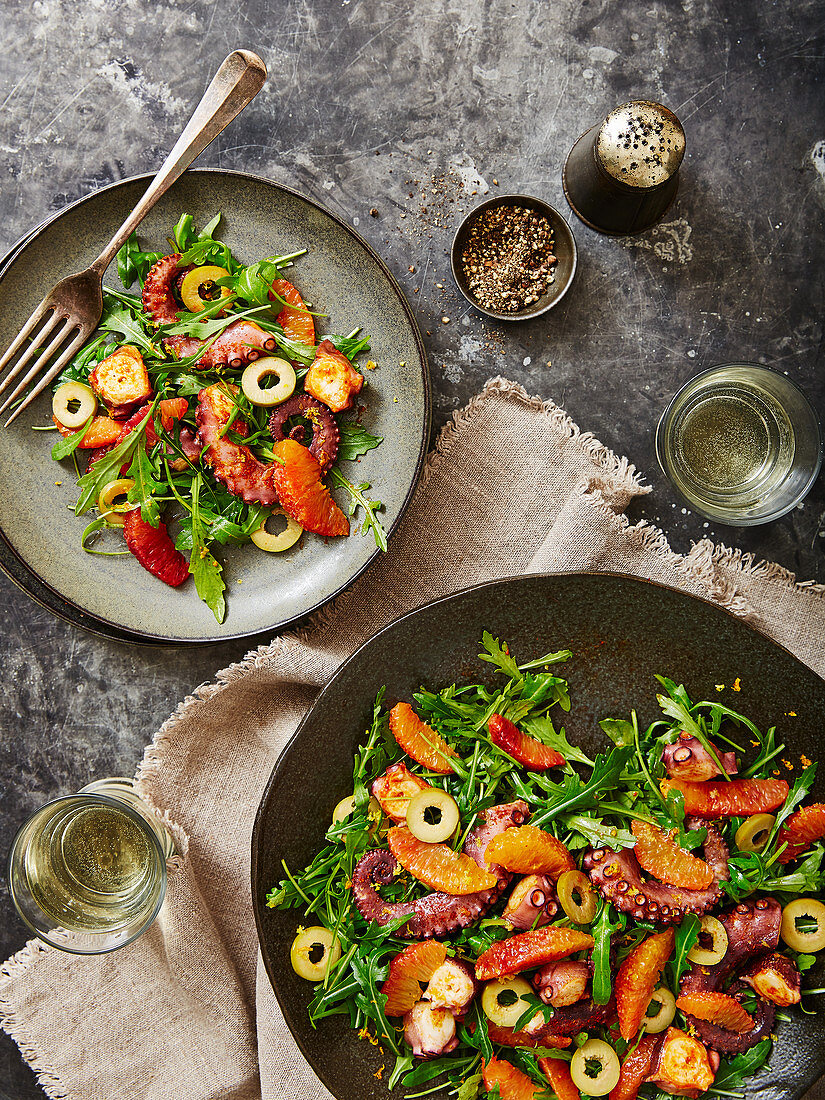 Octopus salad with blood oranges, arugula and olives