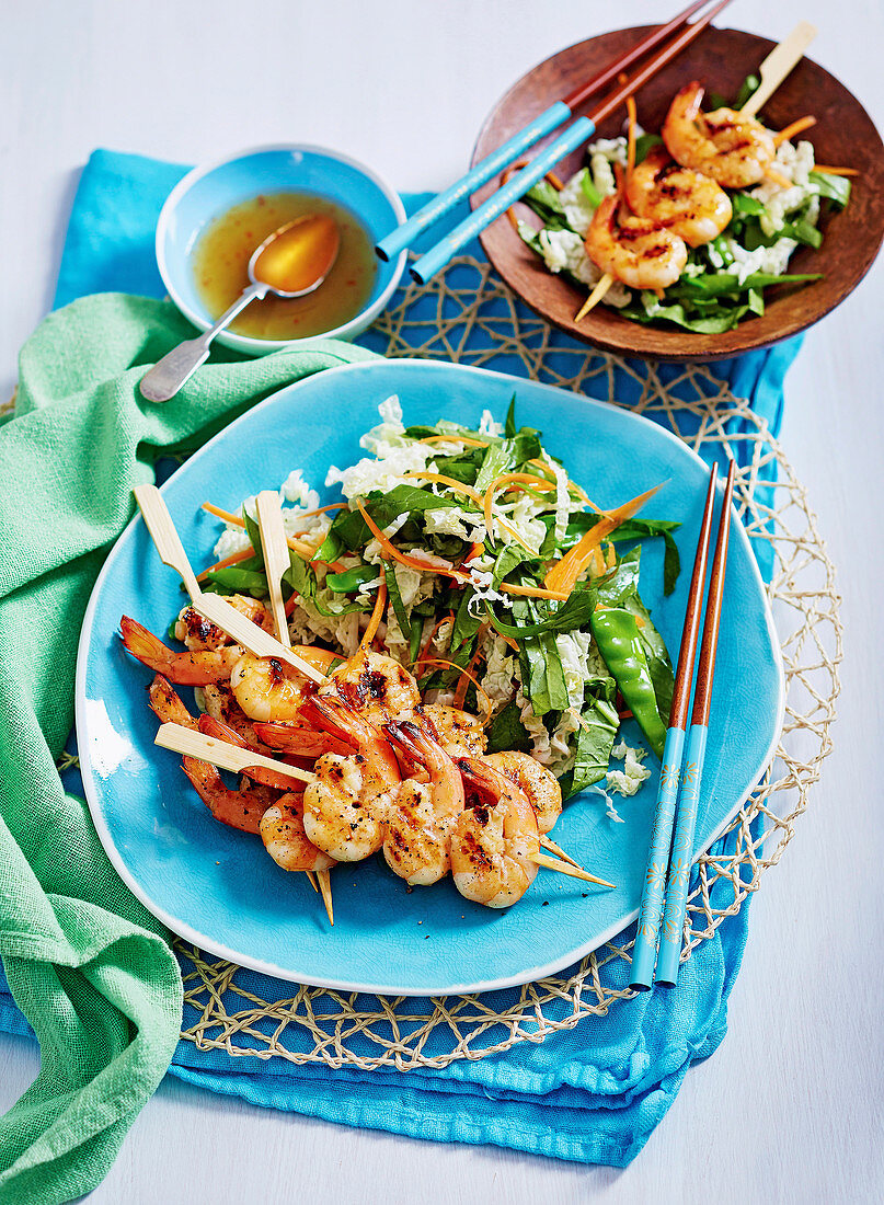 Prawn Kebabs with asian greens