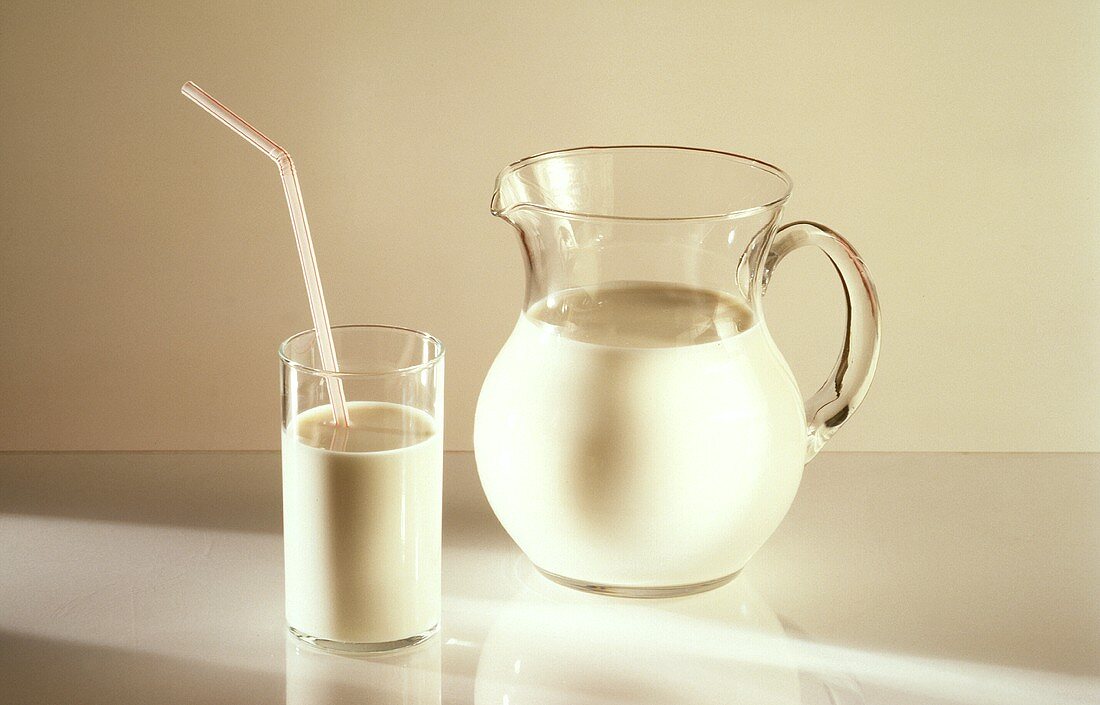 Milch in Karaffe & im Glas mit Strohhalm