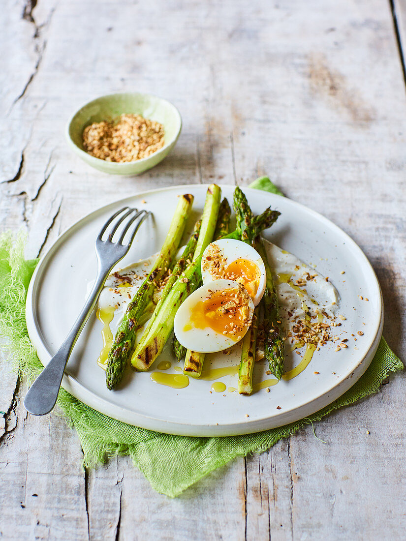 Grilled Asparagus, Dukkah, Poached Eggs and Tahini Sauce