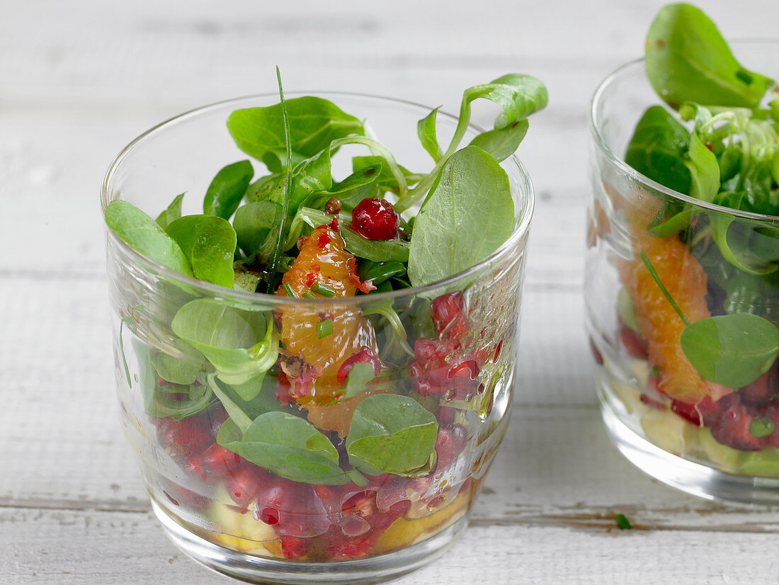 Lambs lettuce with blood oranges and pomegranate seeds