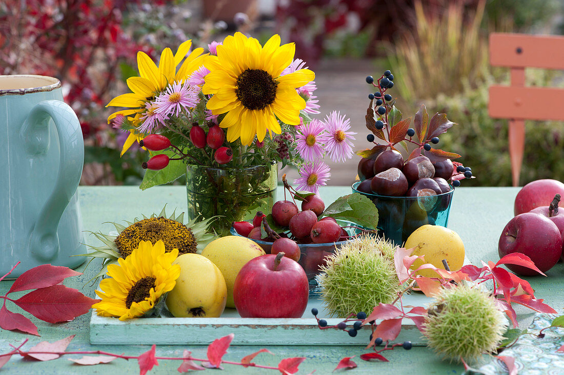 Autumn Table Arrangement Of Fruits And Flowers