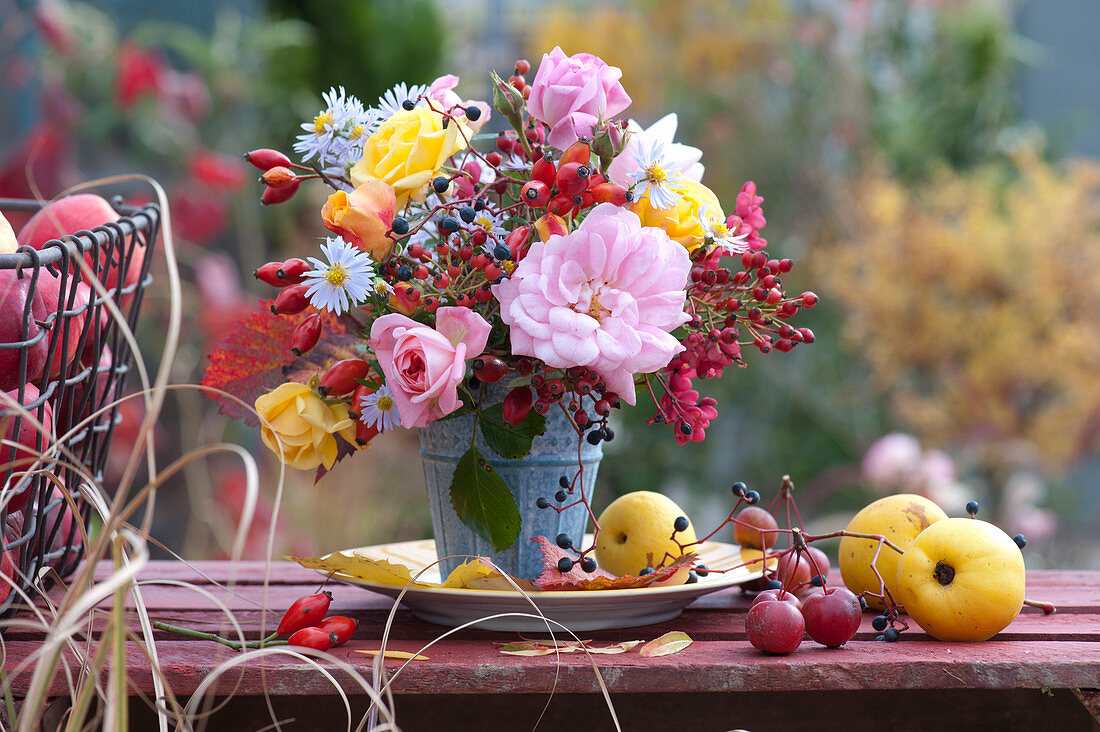 Autumn Bouquet Of Roses, Rosehips And Asters