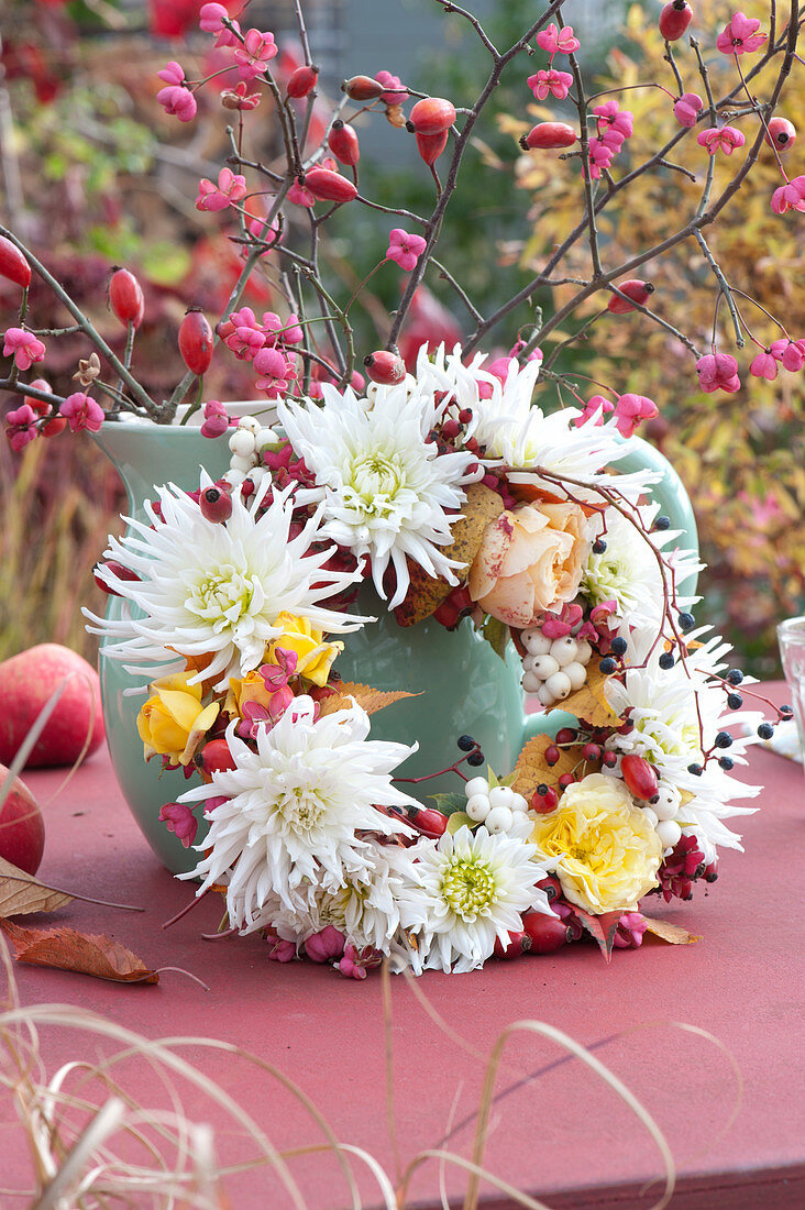 Dahlias, Roses, Snapdragons And Snow Berries