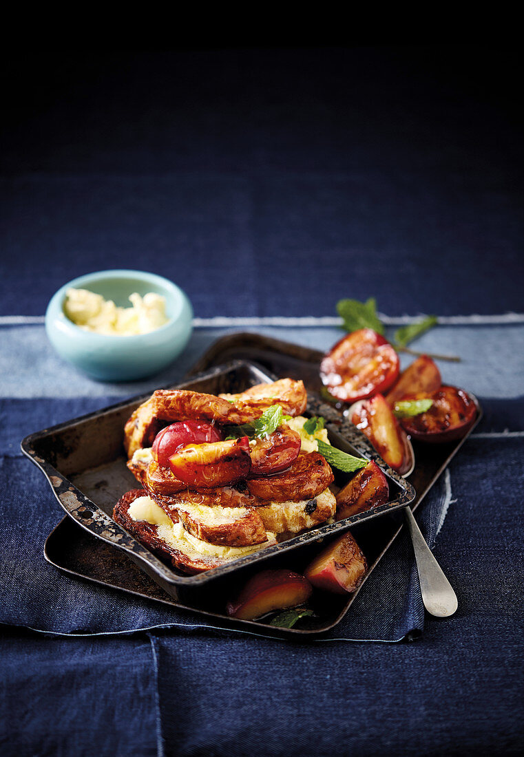 French toast with grilled plums and honey mascarpone