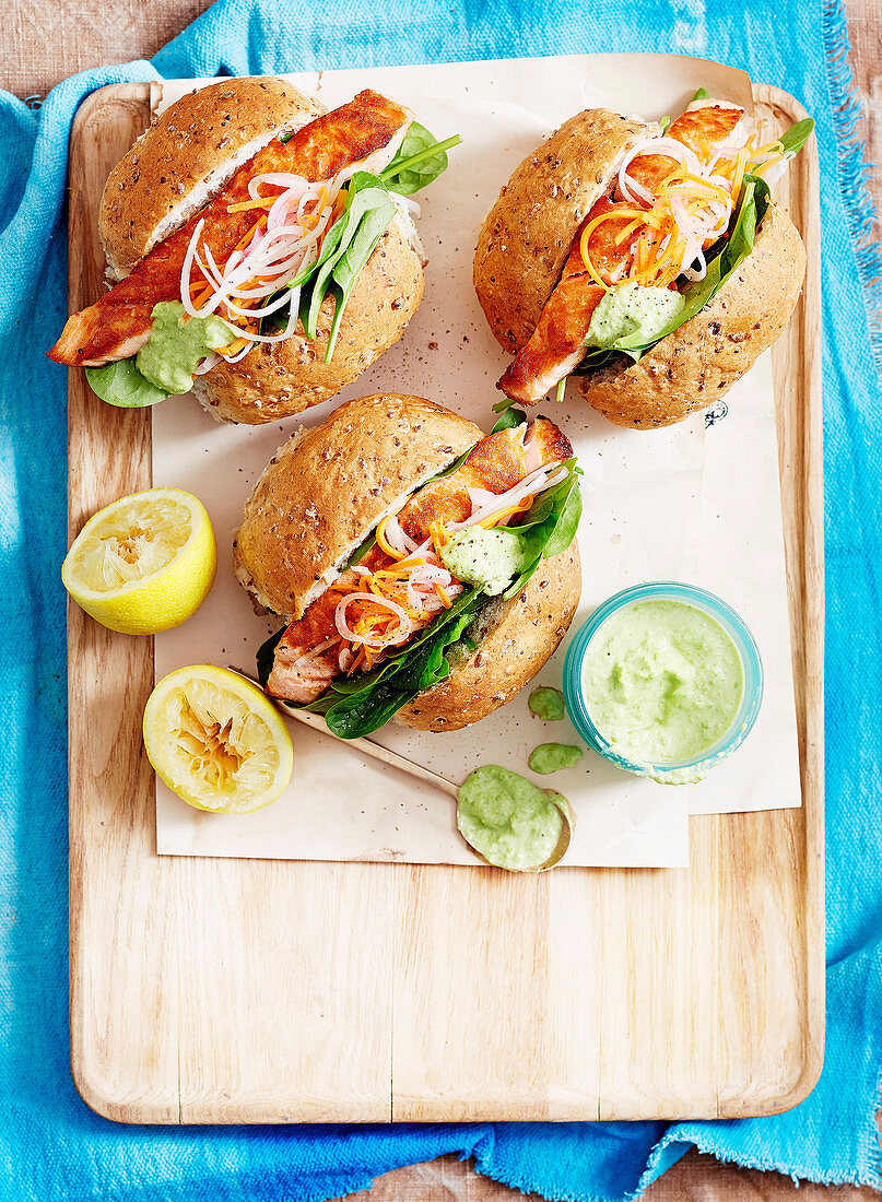 Seared Salmon and Wasabi Pea Burgers