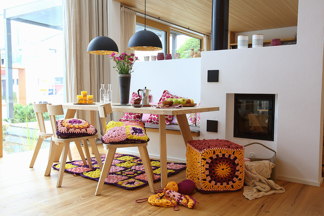 Crocheted textiles in dining room in modern country-house style