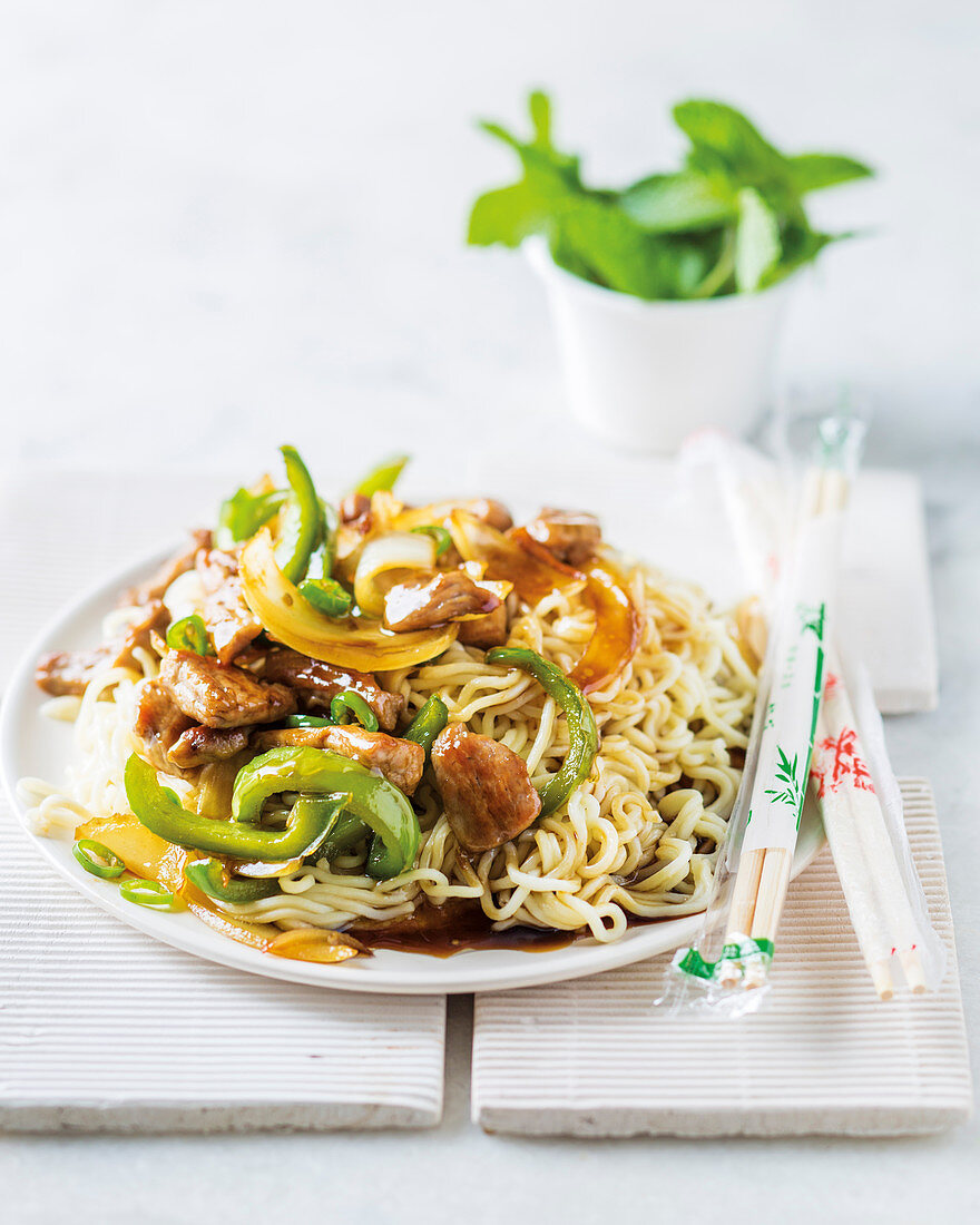 Sweet and sour pork with noodles