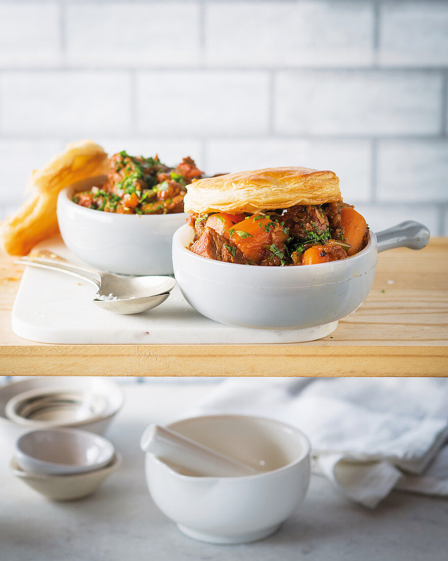 Beef pies topped with puff pastry