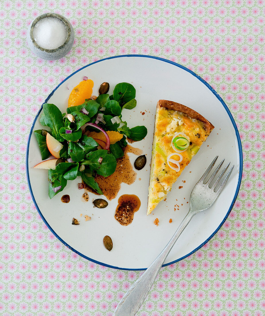 Leek quiche with lambs lettuce and a pumpkin seed oil vinaigrette