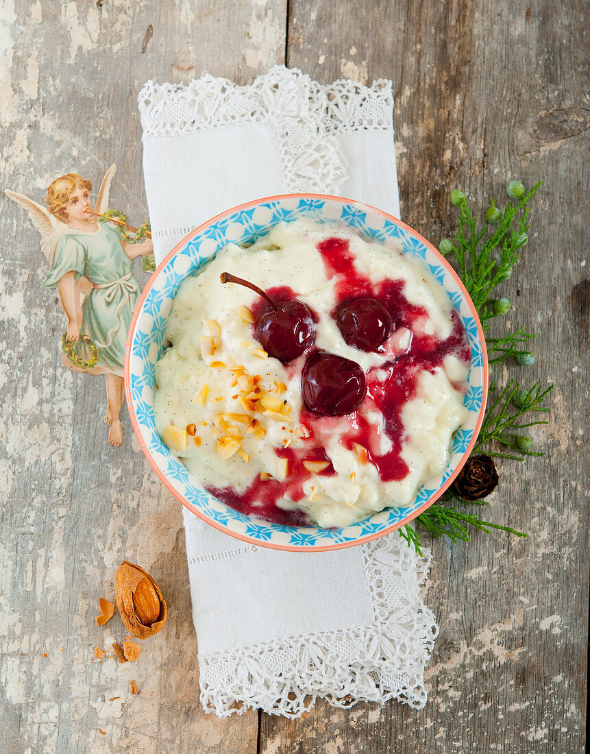 Rice pudding with cherry compote and almonds (Denmark)
