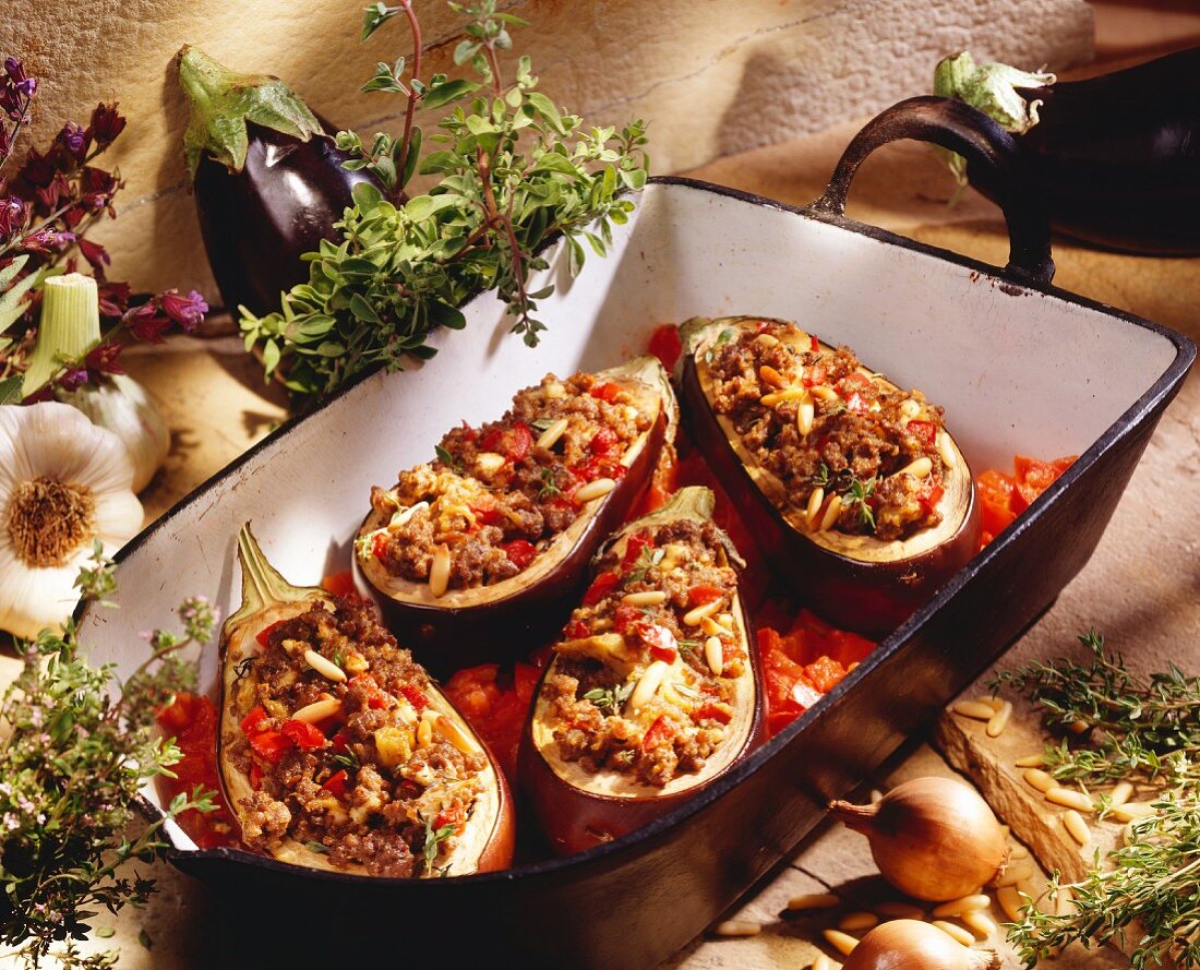 Eggplants Stuffed with Ground Meat on Tomato Sauce