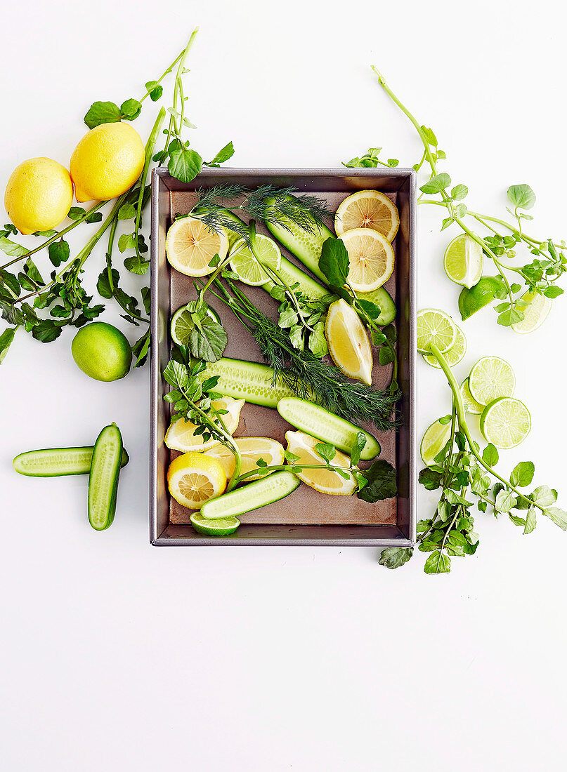Lemons, limes, cucumber and herbs