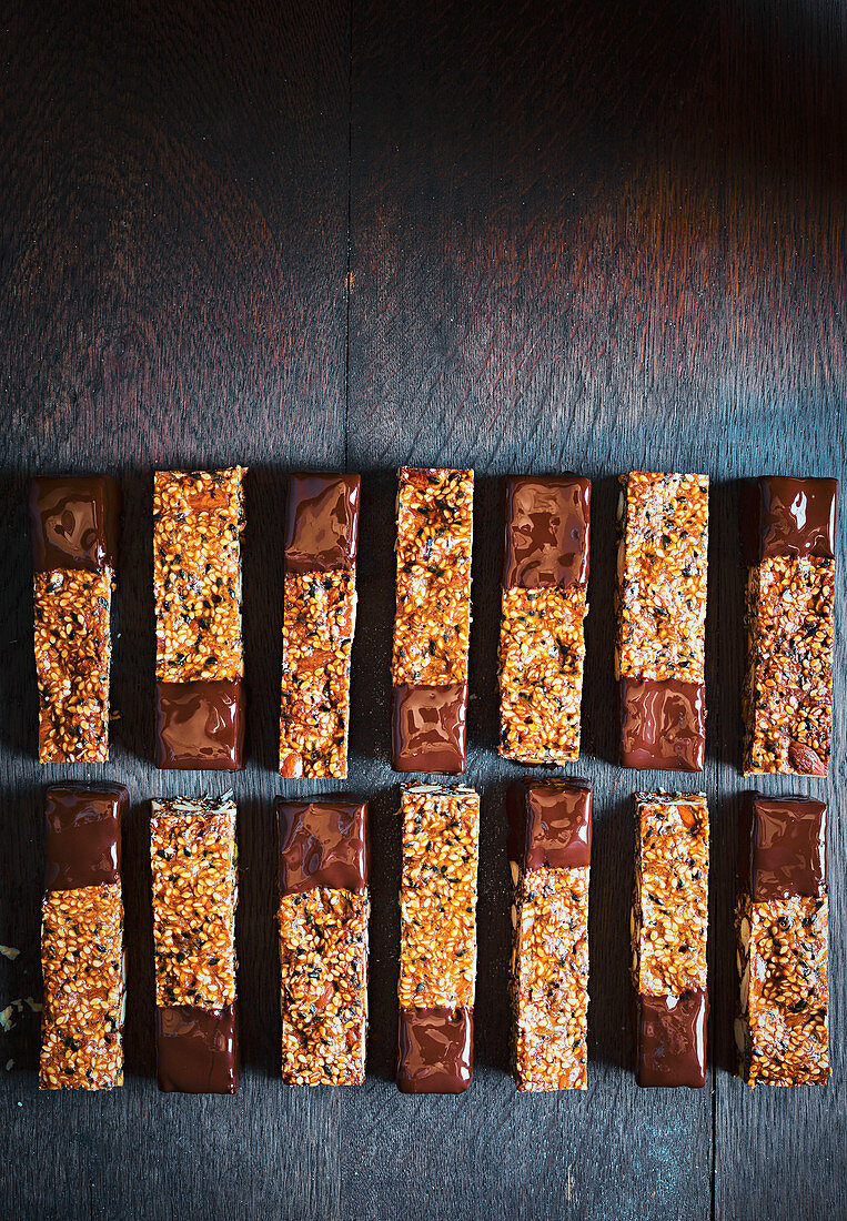 Choc-dipped sesame nut bars