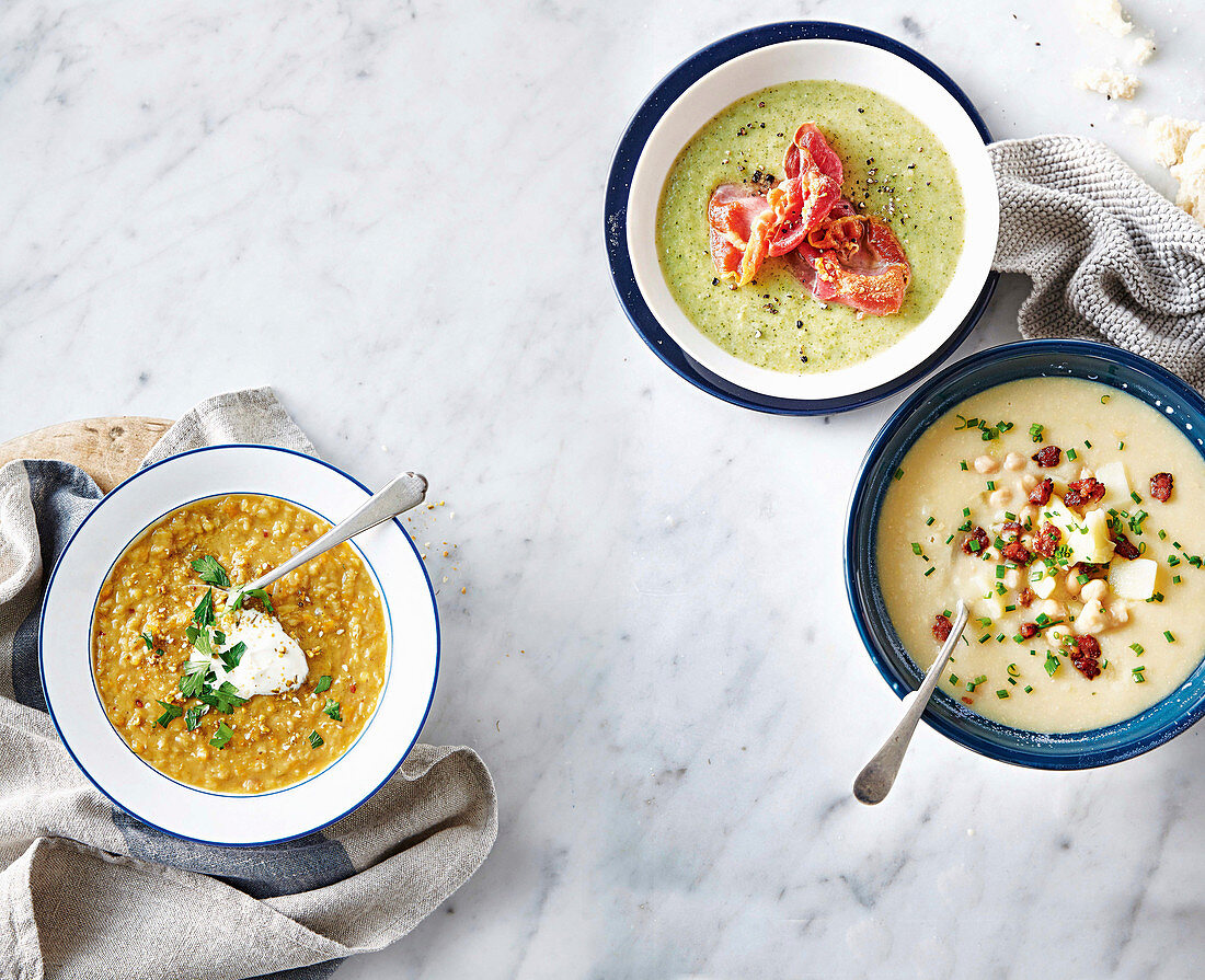 Moroccan carrot soup, Broccoli and cheese soup, Chickpea and leek soup with chorizo