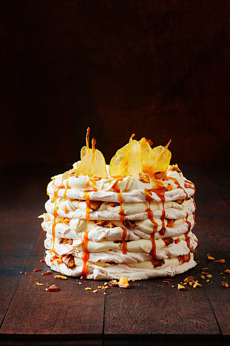 Salted meringue and golden pear crunch stack