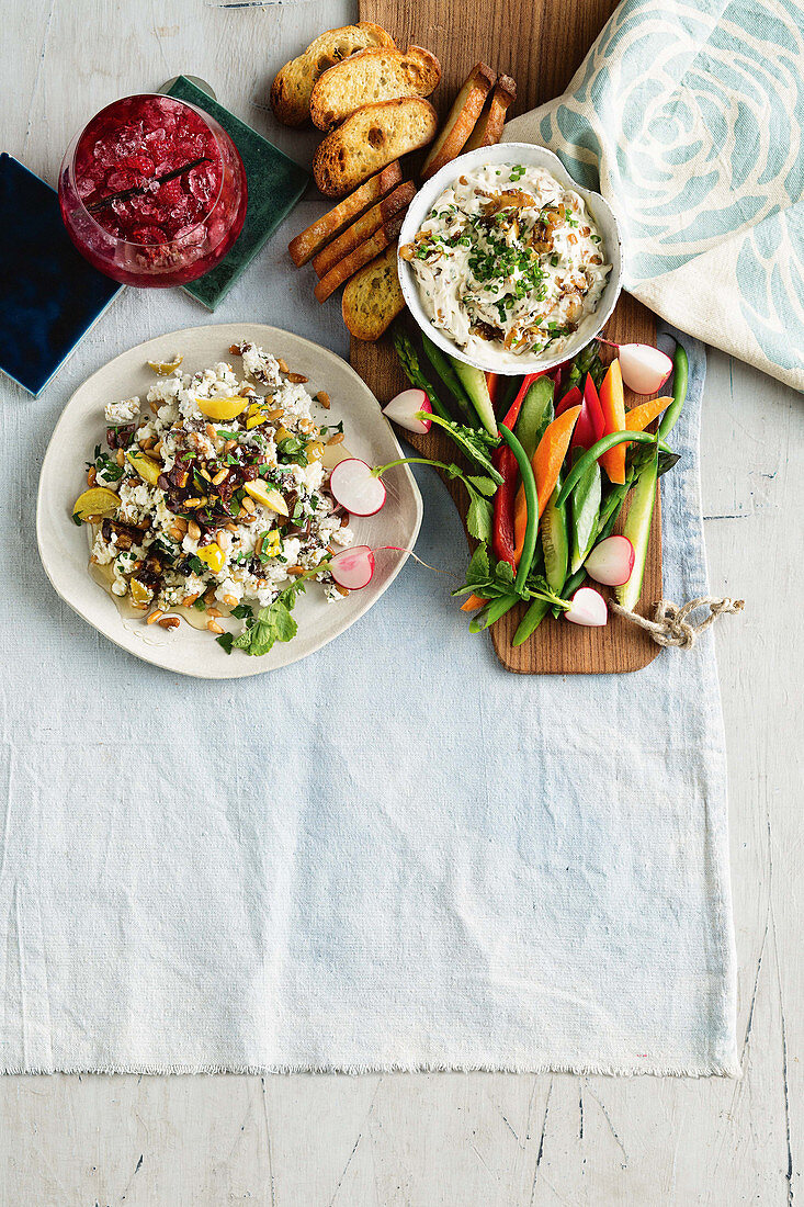 Fetta, honey and date dip, fancy french onion dip with veggie sticks and