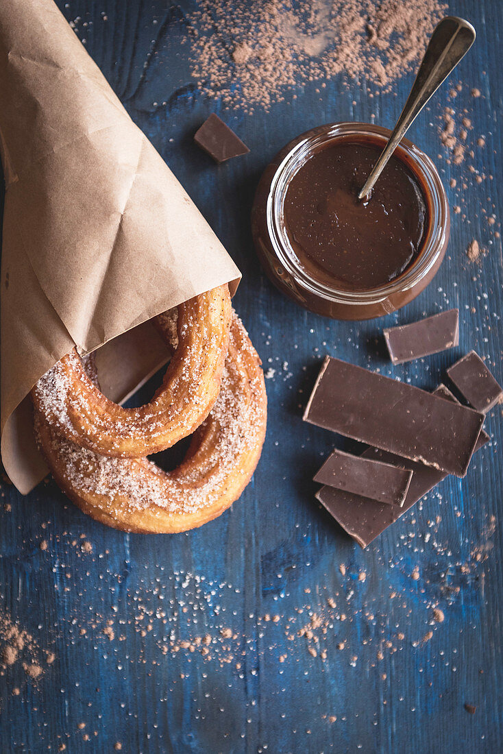 Geschmolzene Schokolade und Churros