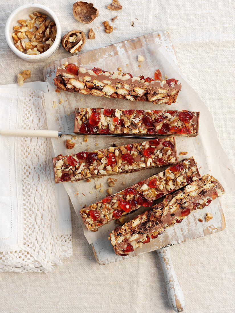 Tiffin bars with nuts and glace cherries