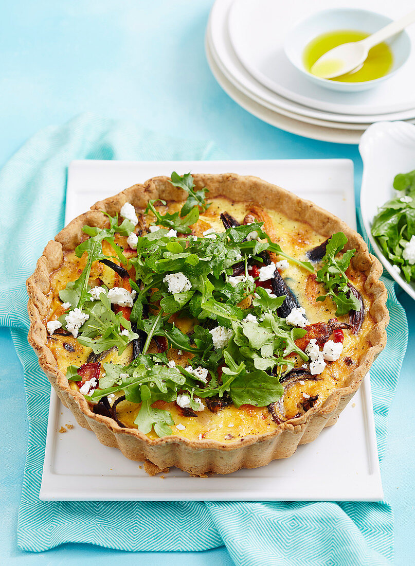 Roast vegetable quiche with rocket