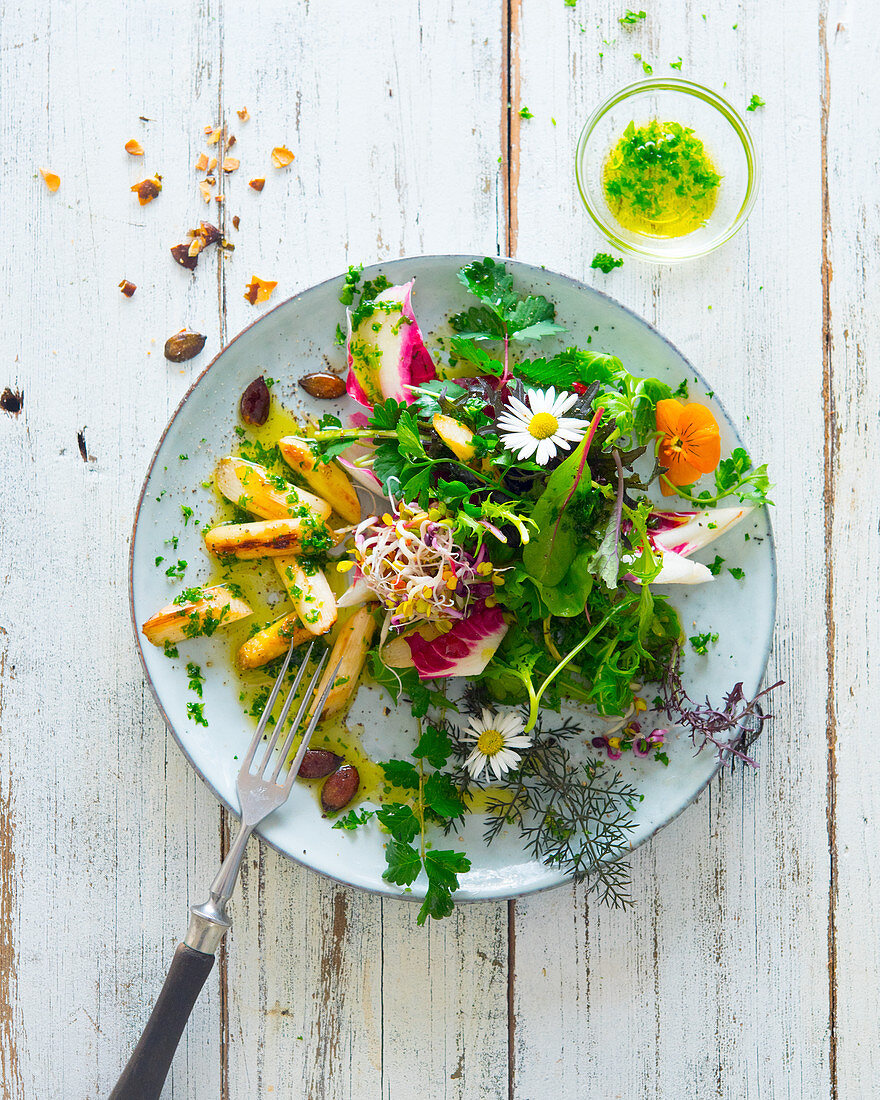 Roasted white asparagus with wild herb salad