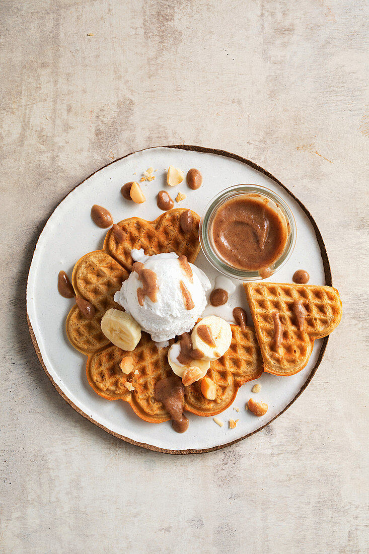 Waffles with caramel sauce and ice-cream