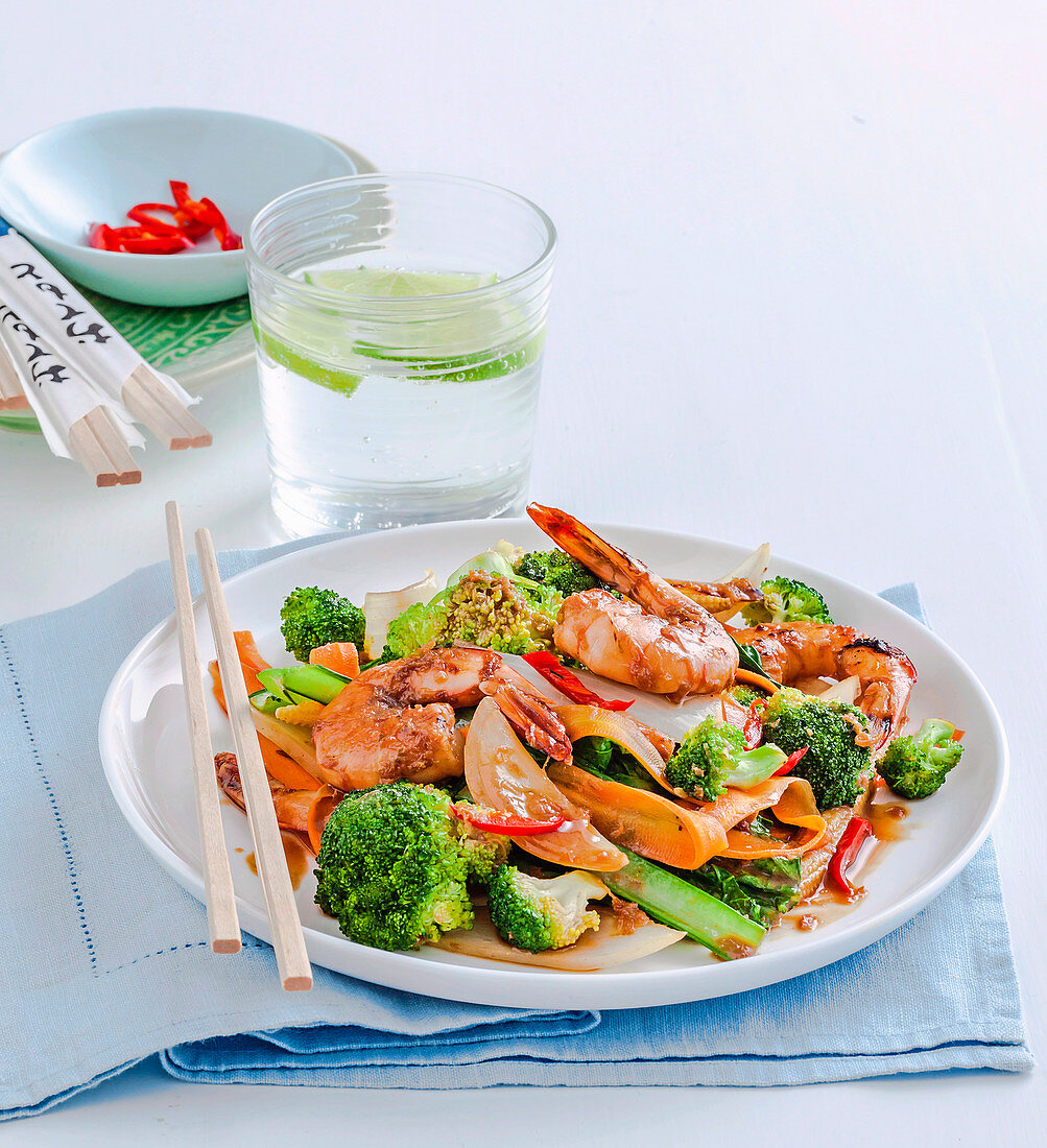 Vegie-packed ginger and prawn stir-fry