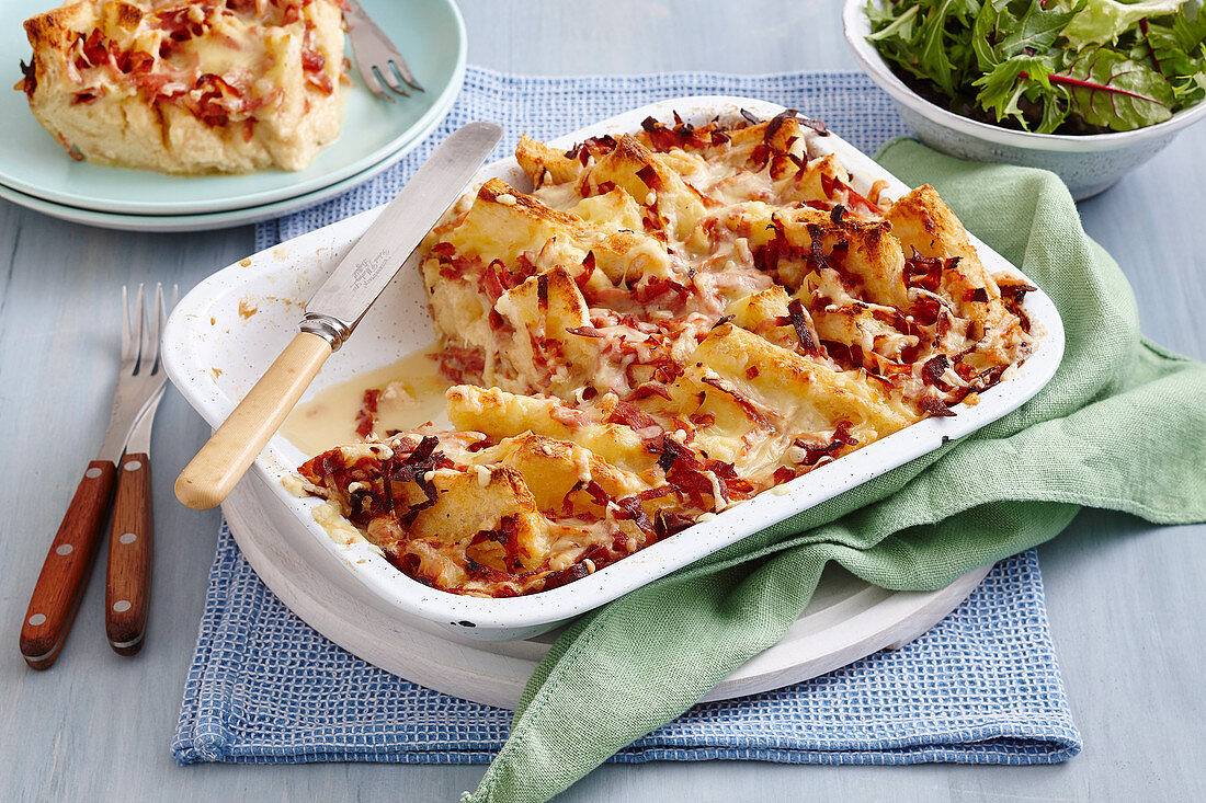 Savoury bread and butter pudding